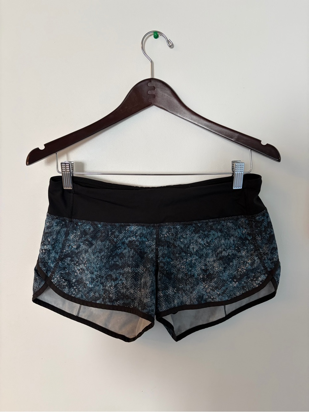 lululemon athletica Black Waistband with Blue Speckle Print Running Shorts